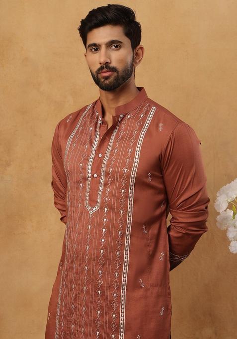 Brown Geometric Silk Kurta Pyjama Set For Men