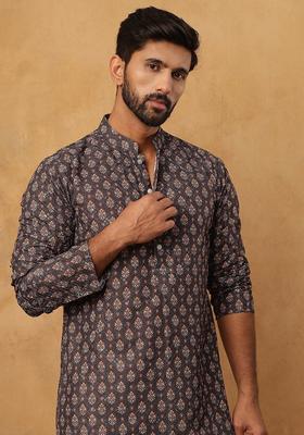 Grey Floral Print Cotton Kurta Pyjama Set For Men