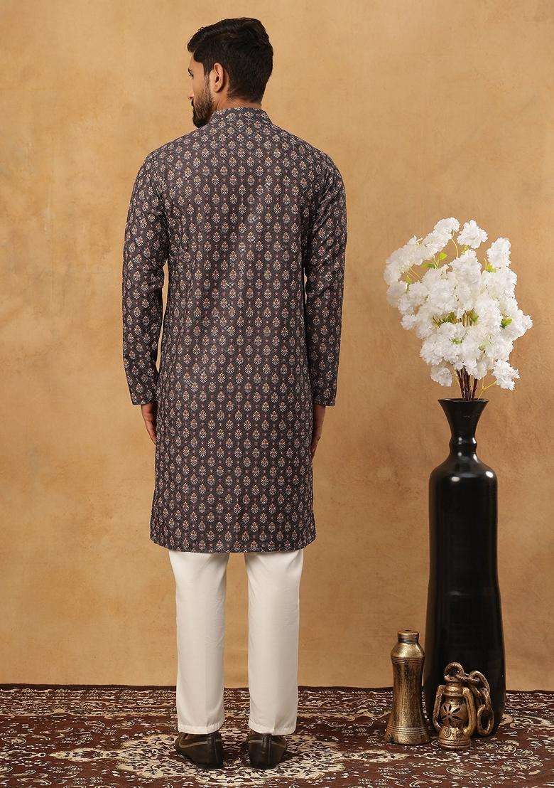 Grey Floral Print Cotton Kurta Pyjama Set For Men - Indya