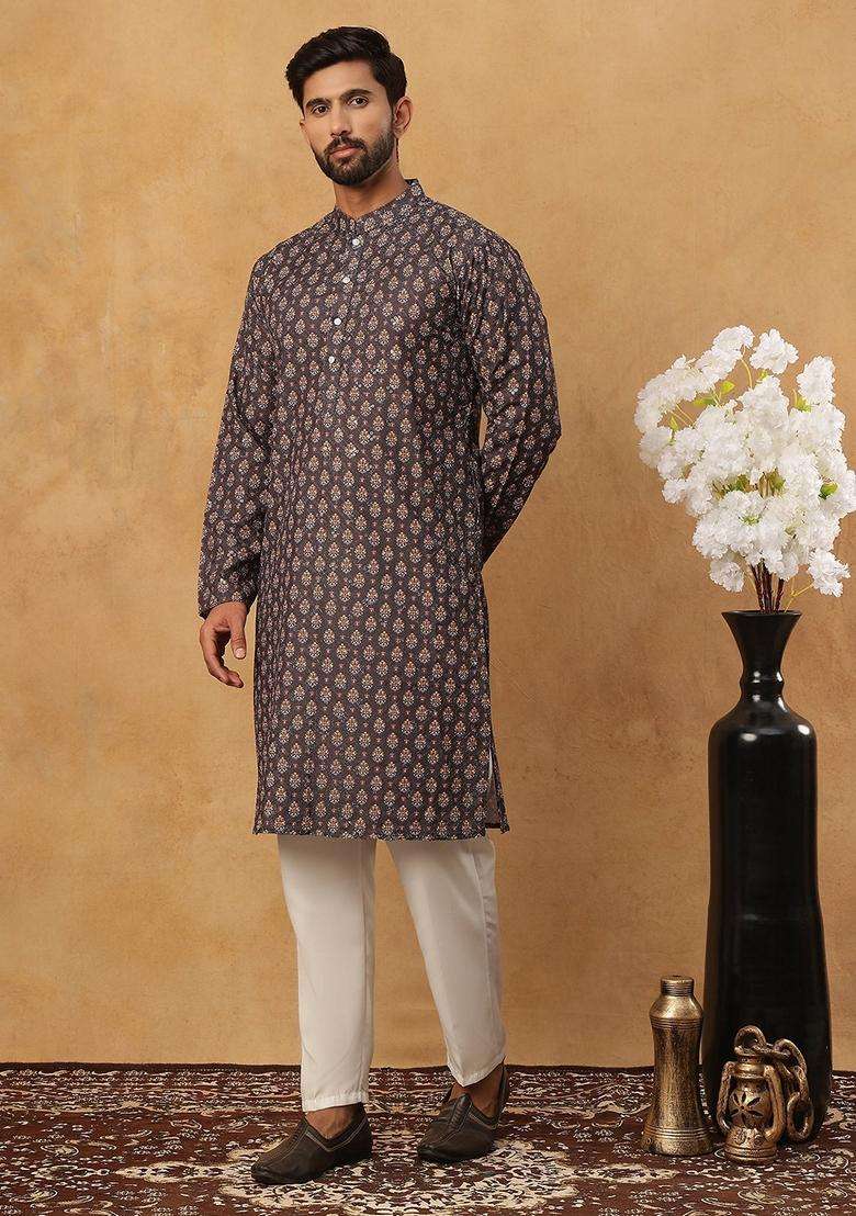 Grey Floral Print Cotton Kurta Pyjama Set For Men - Indya