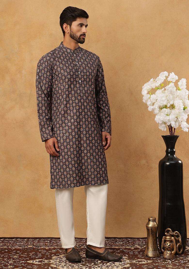 Grey Floral Print Cotton Kurta Pyjama Set For Men - Indya