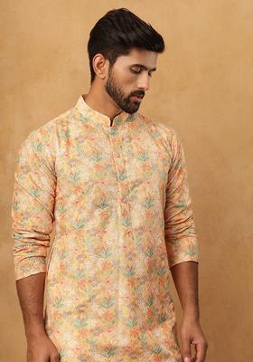Yellow Floral Print Cotton Kurta Pyjama Set For Men