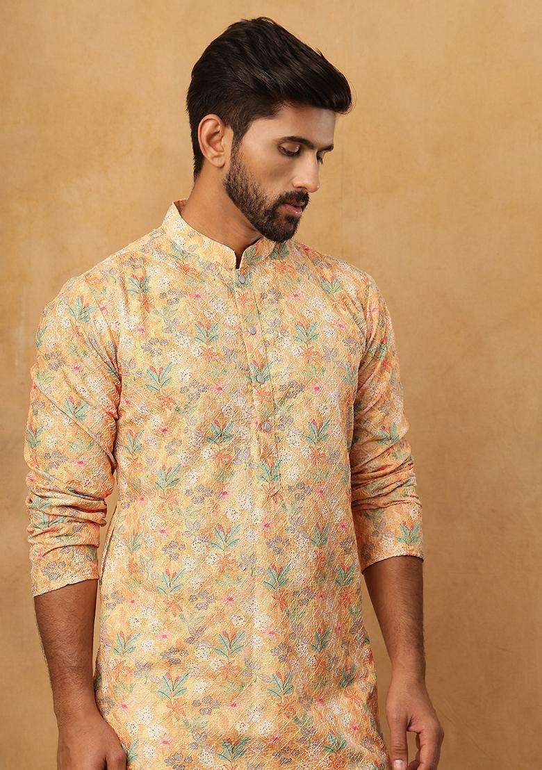 Yellow Floral Print Cotton Kurta Pyjama Set For Men - Indya