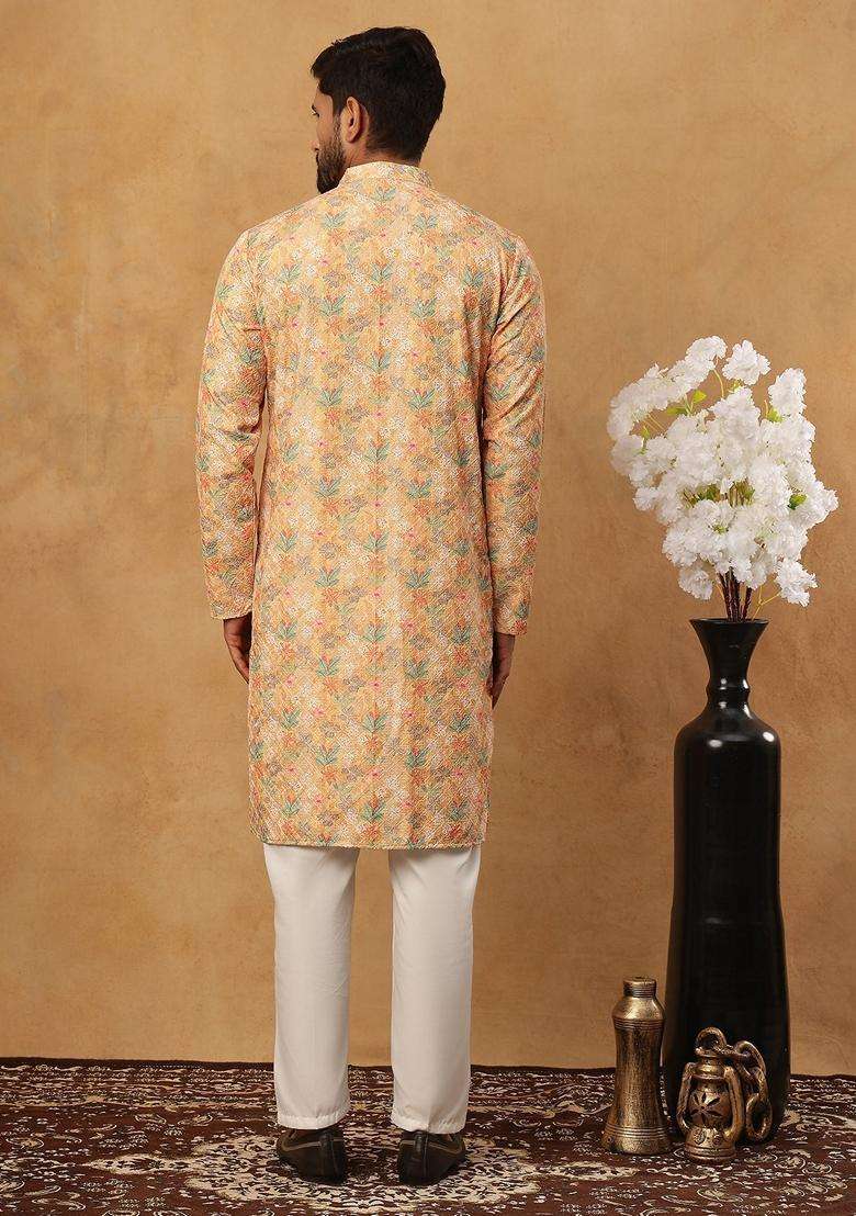 Yellow Floral Print Cotton Kurta Pyjama Set For Men - Indya