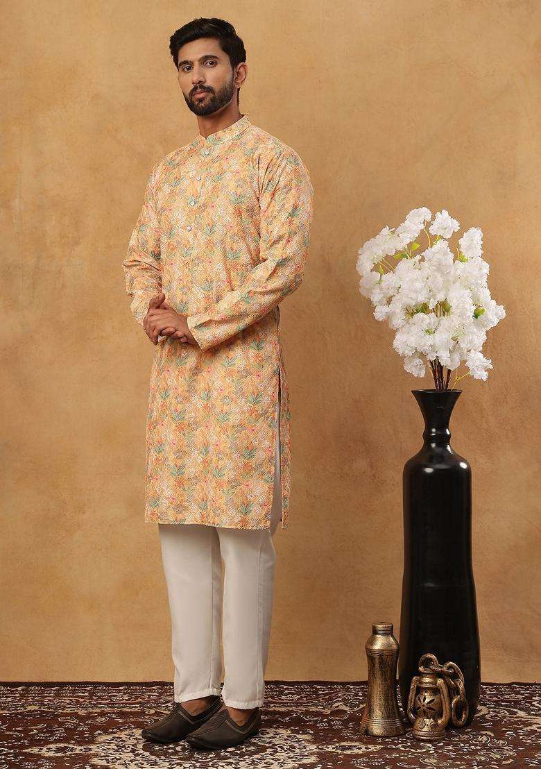 Yellow Floral Print Cotton Kurta Pyjama Set For Men - Indya
