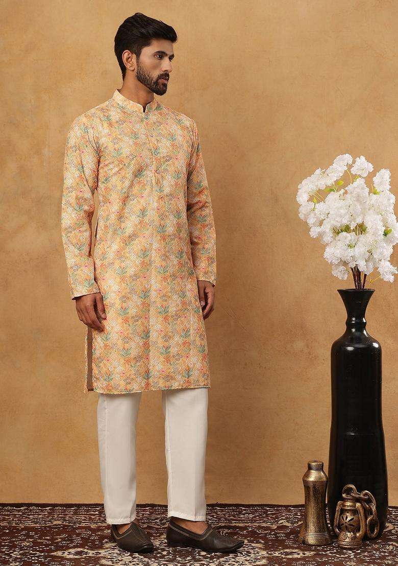 Yellow Floral Print Cotton Kurta Pyjama Set For Men - Indya