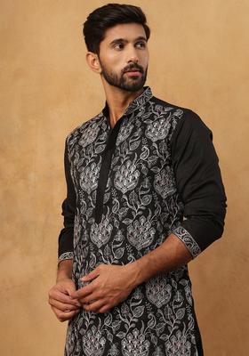Black Floral Print Silk Kurta Pyjama Set For Men