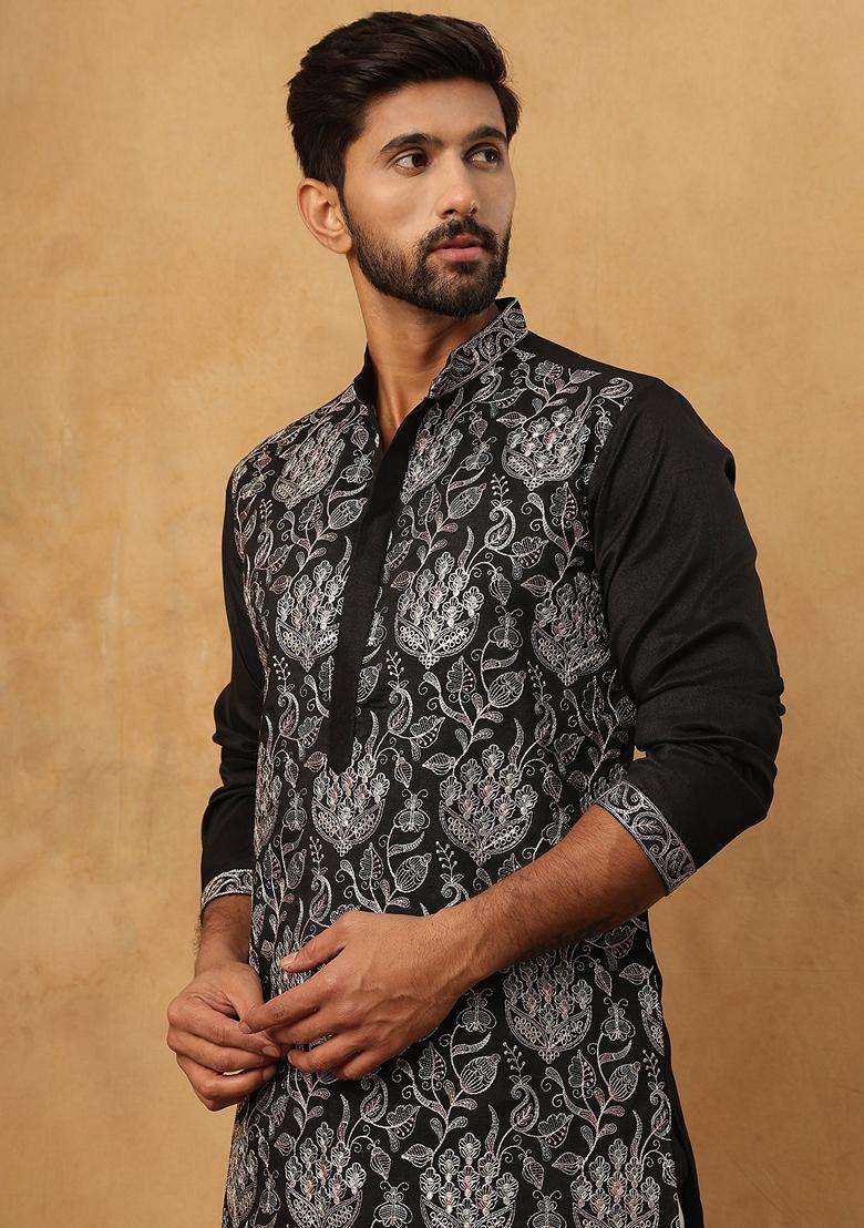 Black Floral Print Silk Blend Kurta Pyjama Set For Men - Indya