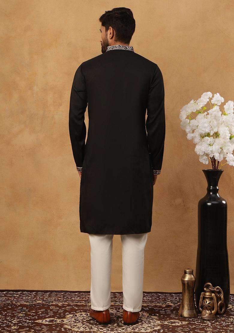 Black Floral Print Silk Blend Kurta Pyjama Set For Men - Indya