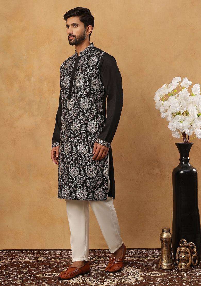 Black Floral Print Silk Blend Kurta Pyjama Set For Men - Indya