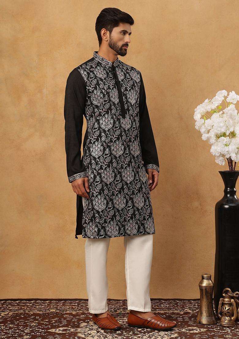 Black Floral Print Silk Blend Kurta Pyjama Set For Men - Indya