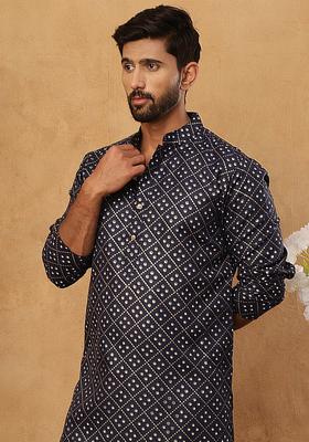 Navy Blue Geometric Cotton Kurta Pyjama Set For Men