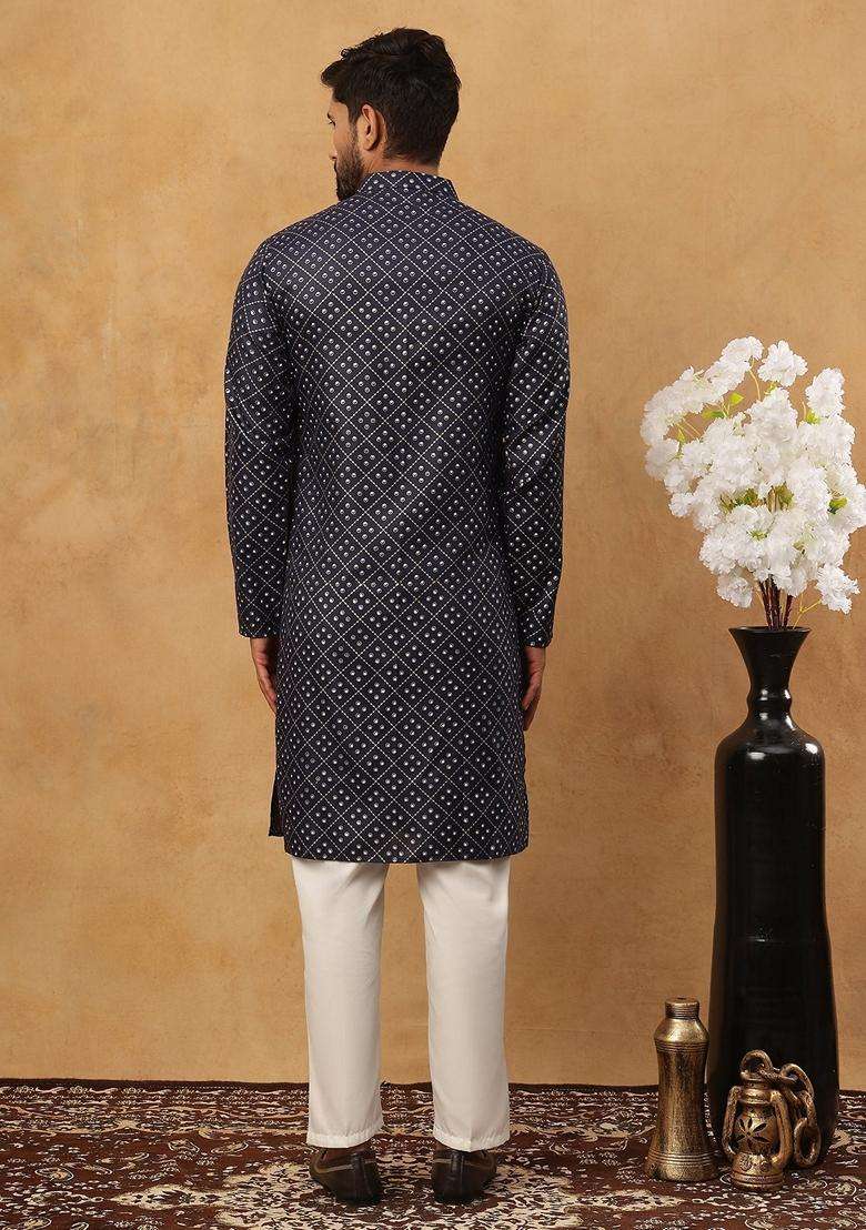Navy Blue Geometric Cotton Kurta Pyjama Set For Men - Indya
