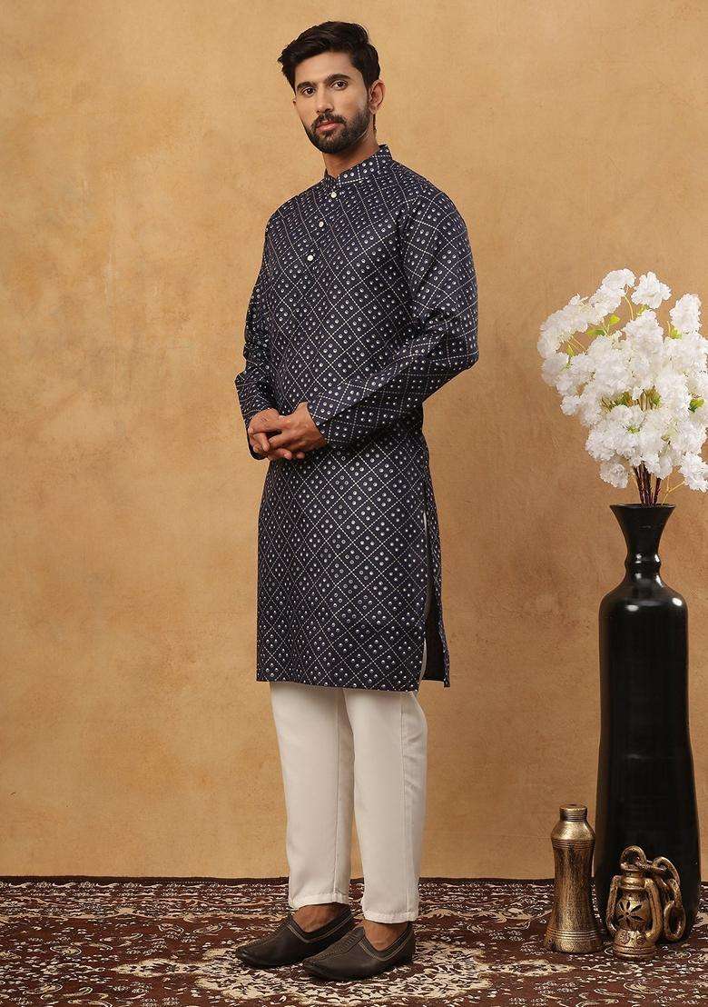 Navy Blue Geometric Cotton Kurta Pyjama Set For Men - Indya