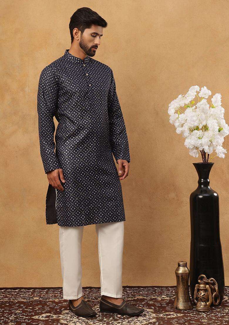 Navy Blue Geometric Cotton Kurta Pyjama Set For Men - Indya