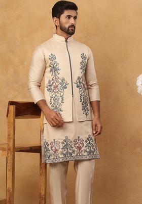 Beige Floral Print Silk Kurta Pyjama Set For Men