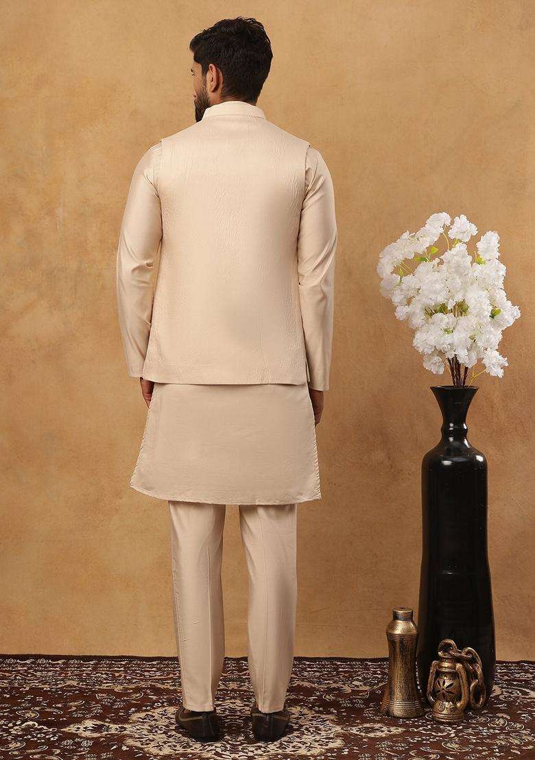 Beige Floral Print Silk Kurta Pyjama Set For Men - Indya