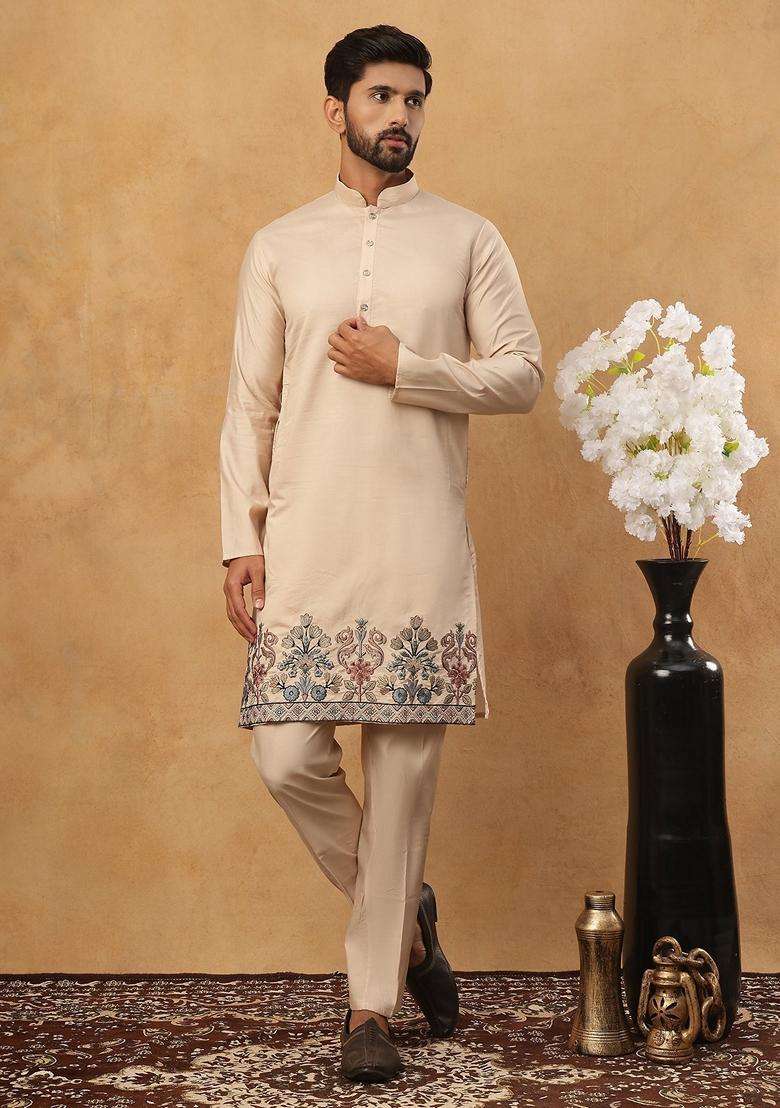 Beige Floral Print Silk Kurta Pyjama Set For Men - Indya