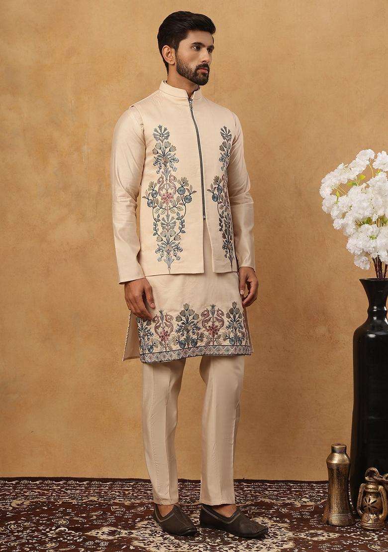Beige Floral Print Silk Kurta Pyjama Set For Men - Indya