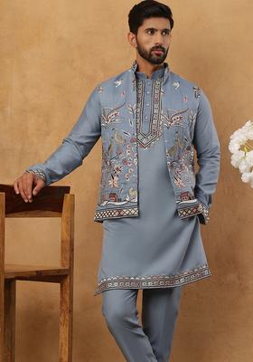 Blue Floral Print Silk Kurta Pyjama Set For Men