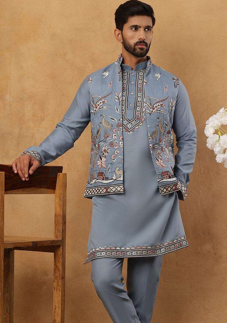 Blue Floral Print Silk Kurta Pyjama Set For Men - Indya