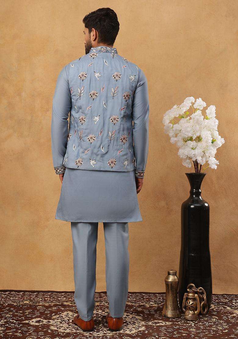 Blue Floral Print Silk Kurta Pyjama Set For Men - Indya