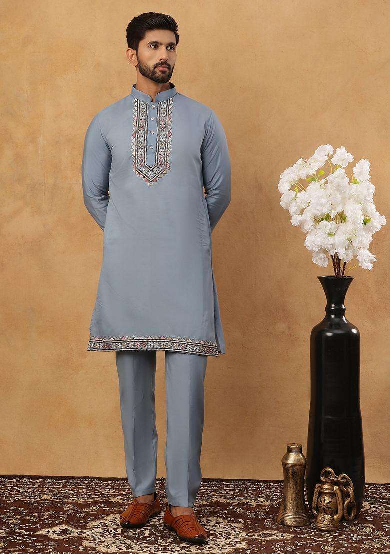 Blue Floral Print Silk Kurta Pyjama Set For Men - Indya