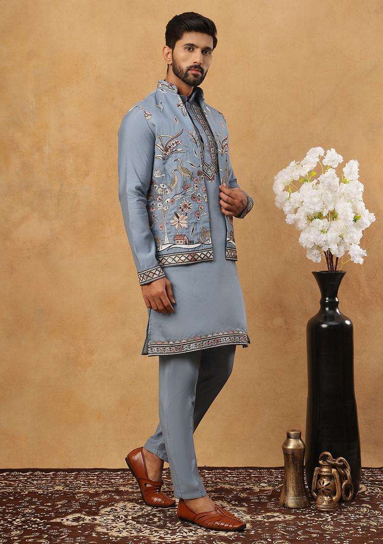 Blue Floral Print Silk Kurta Pyjama Set For Men - Indya