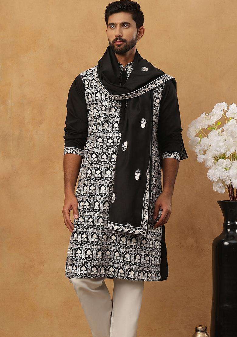 Black Floral Print Silk Blend Kurta Pyjama Set For Men - Indya