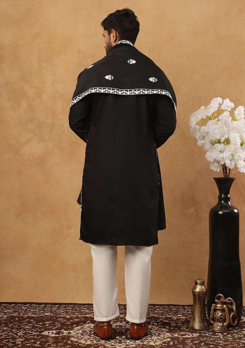 Black Floral Print Silk Blend Kurta Pyjama Set For Men - Indya