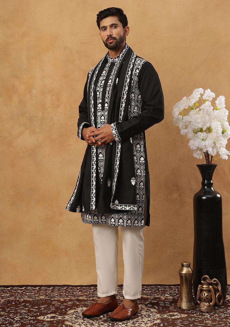Black Floral Print Silk Blend Kurta Pyjama Set For Men - Indya