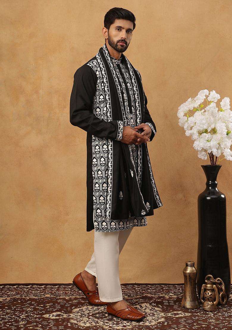 Black Floral Print Silk Blend Kurta Pyjama Set For Men - Indya