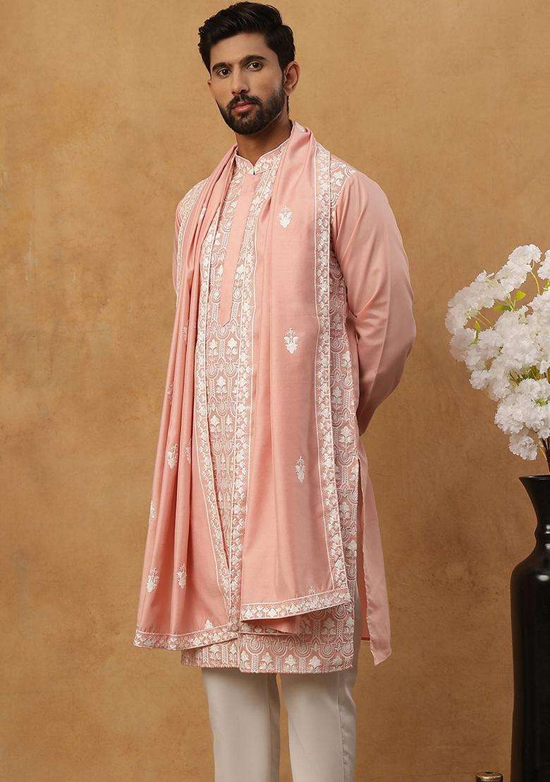 Peach Floral Print Silk Blend Kurta Pyjama Set For Men - Indya