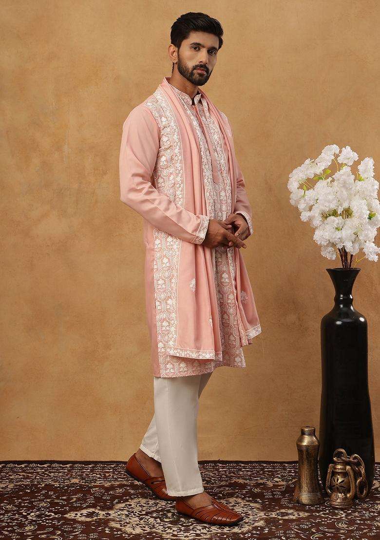 Peach Floral Print Silk Blend Kurta Pyjama Set For Men - Indya