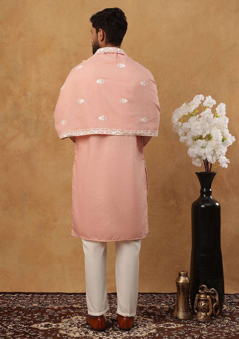 Peach Floral Print Silk Blend Kurta Pyjama Set For Men - Indya