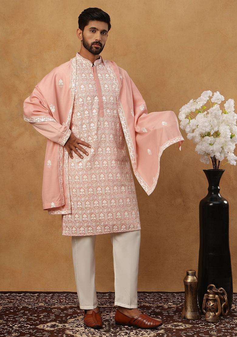 Peach Floral Print Silk Blend Kurta Pyjama Set For Men - Indya