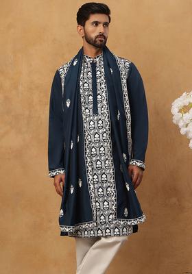 Peacock Floral Print Silk Kurta Pyjama Set For Men