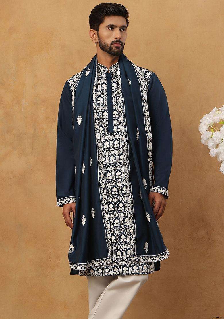 Peacock Floral Print Silk Blend Kurta Pyjama Set For Men - Indya