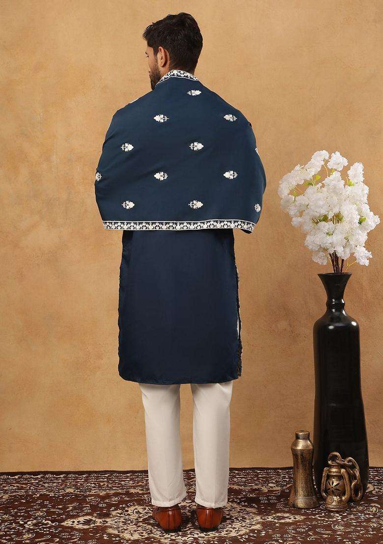 Peacock Floral Print Silk Blend Kurta Pyjama Set For Men - Indya