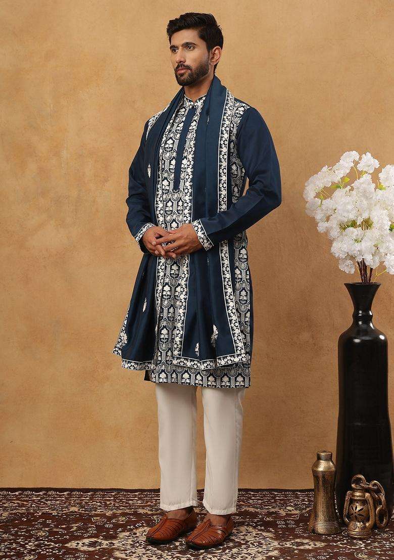 Peacock Floral Print Silk Blend Kurta Pyjama Set For Men - Indya