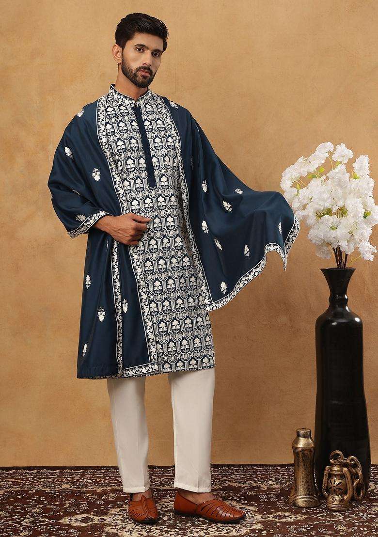 Peacock Floral Print Silk Blend Kurta Pyjama Set For Men - Indya