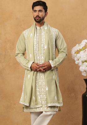 Pista Floral Print Silk Kurta Pyjama Set For Men