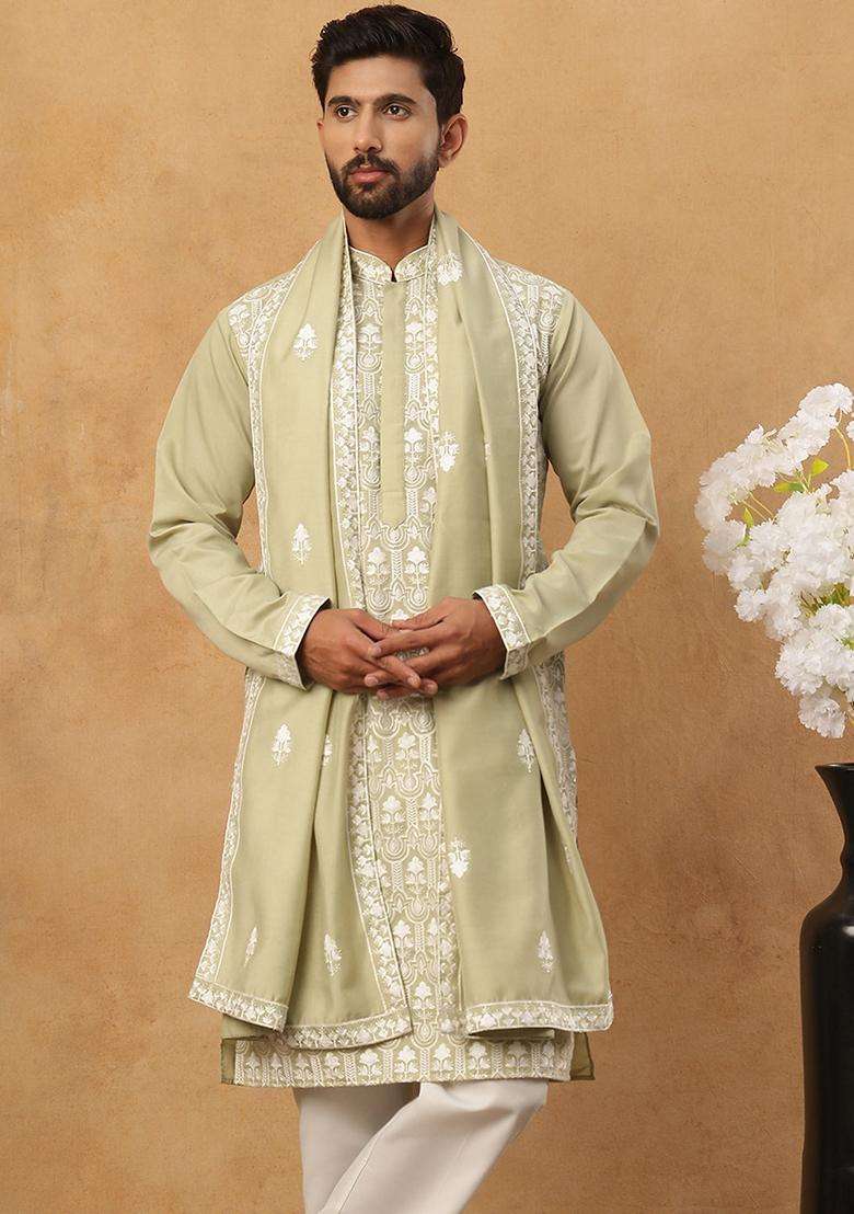 Pista Floral Print Silk Blend Kurta Pyjama Set For Men - Indya