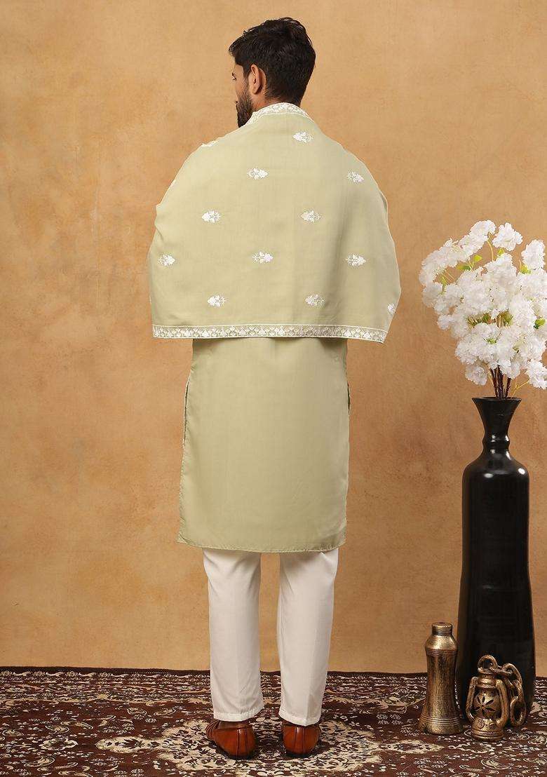 Pista Floral Print Silk Blend Kurta Pyjama Set For Men - Indya
