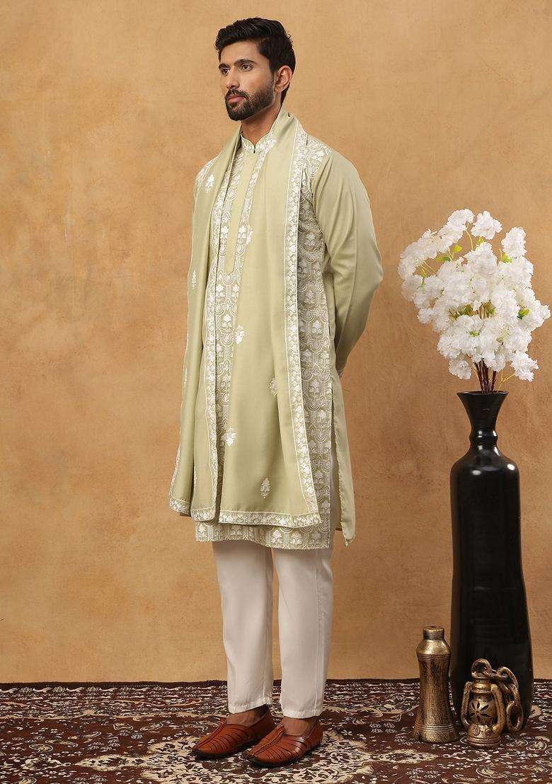 Pista Floral Print Silk Blend Kurta Pyjama Set For Men - Indya