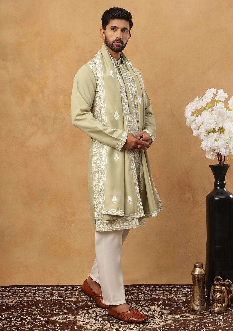 Pista Floral Print Silk Blend Kurta Pyjama Set For Men - Indya