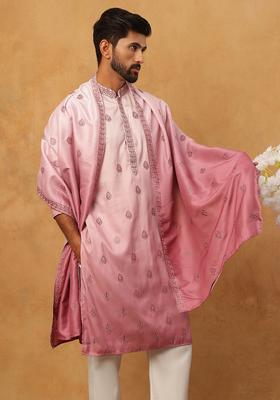 Pink Floral Print Silk Kurta Pyjama Set For Men