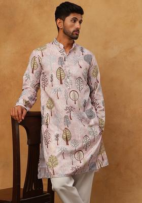 Peach Floral Print Cotton Kurta Pyjama Set For Men