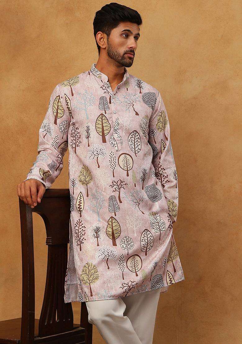 Peach Floral Print Cotton Kurta Pyjama Set For Men - Indya