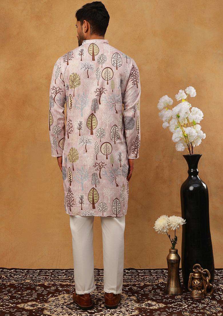 Peach Floral Print Cotton Kurta Pyjama Set For Men - Indya